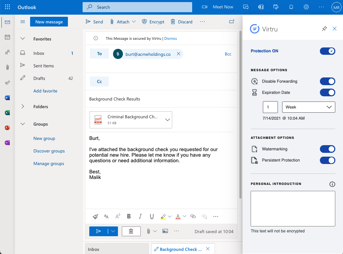 Virtru encryption within Microsoft Outlook, including easy one-click encryption toggle with options to disable forwarding, watermark files, and disable downloading. 