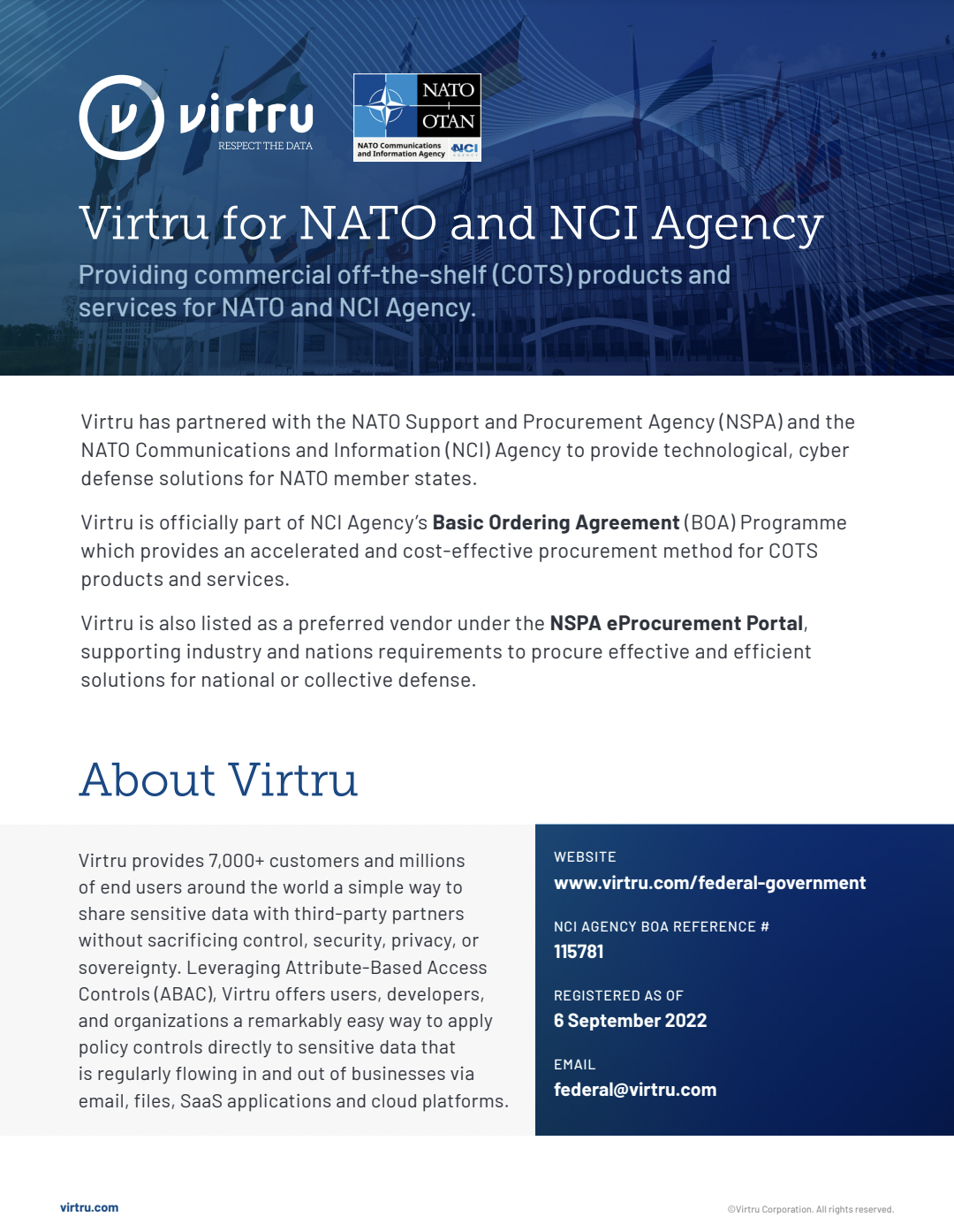 Preview of data sheet detailing the benefits of Virtru for NATO and the NCI Agency. 