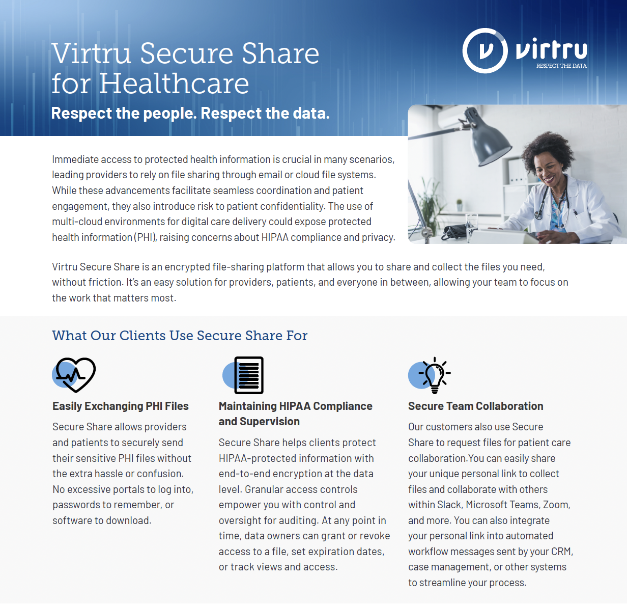 A screenshot of Virtru's Secure Share for Healthcare Datasheet 