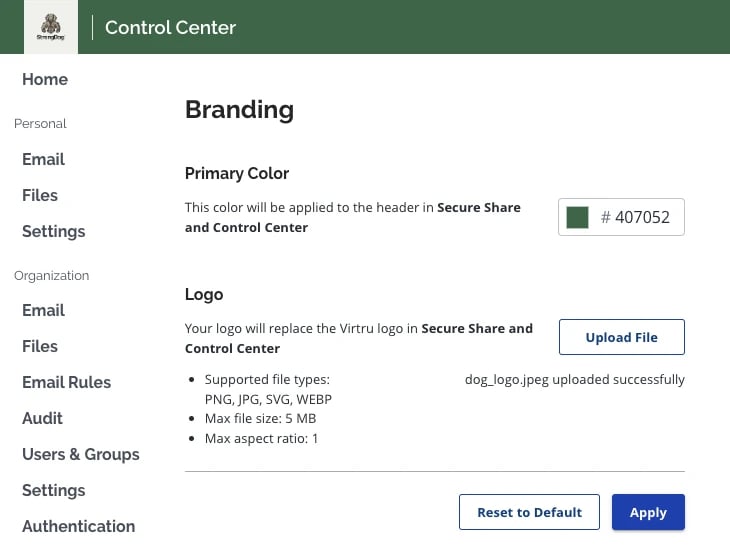 UI showing custom branding settings, like color and a logo uploader