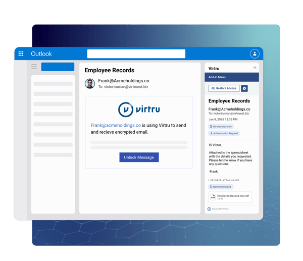 Virtru for Microsoft Outlook user interface. Deploy the SaaS or self-managed (on-prem) version.