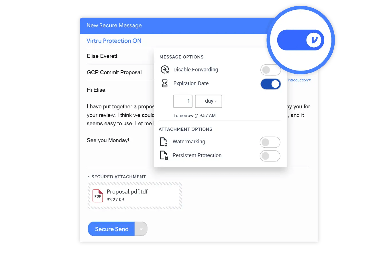 A view of the Virtru gmail plugin protecting an email and PDF attachment.