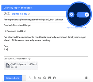 Virtru encryption within Gmail, including easy one-click encryption toggle with options to disable forwarding, watermark files, and disable downloading. 