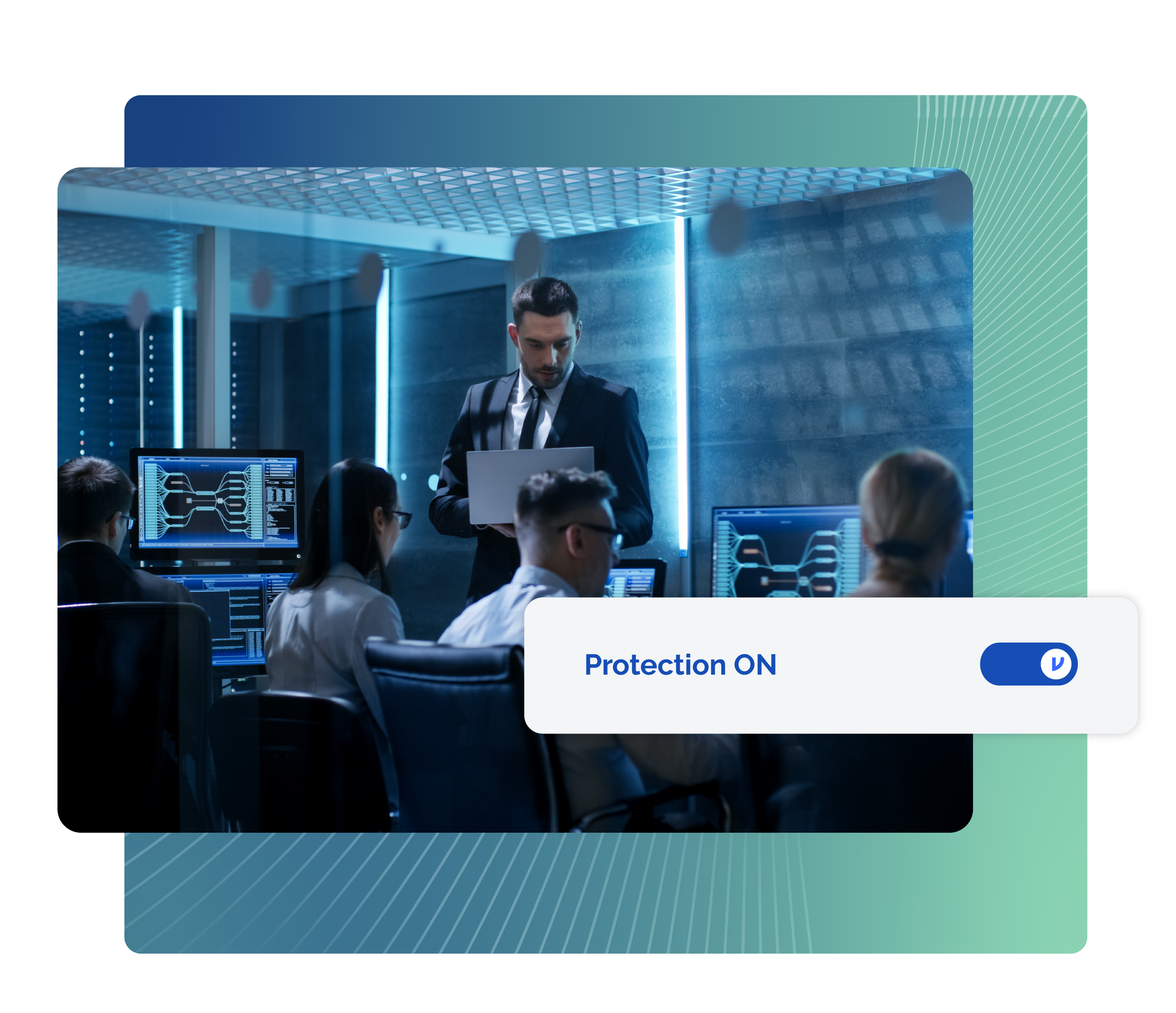 A room of data scientists at work. A view of the blue Virtru toggle button says "Protection On"