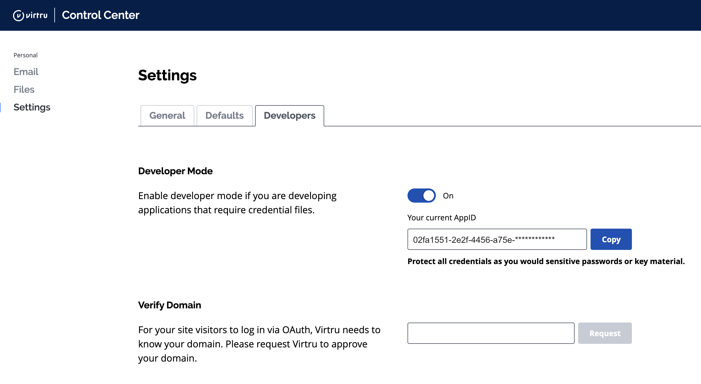 Screen shot of the Developer Settings tab within the Virtru Organization Administion Dashboard