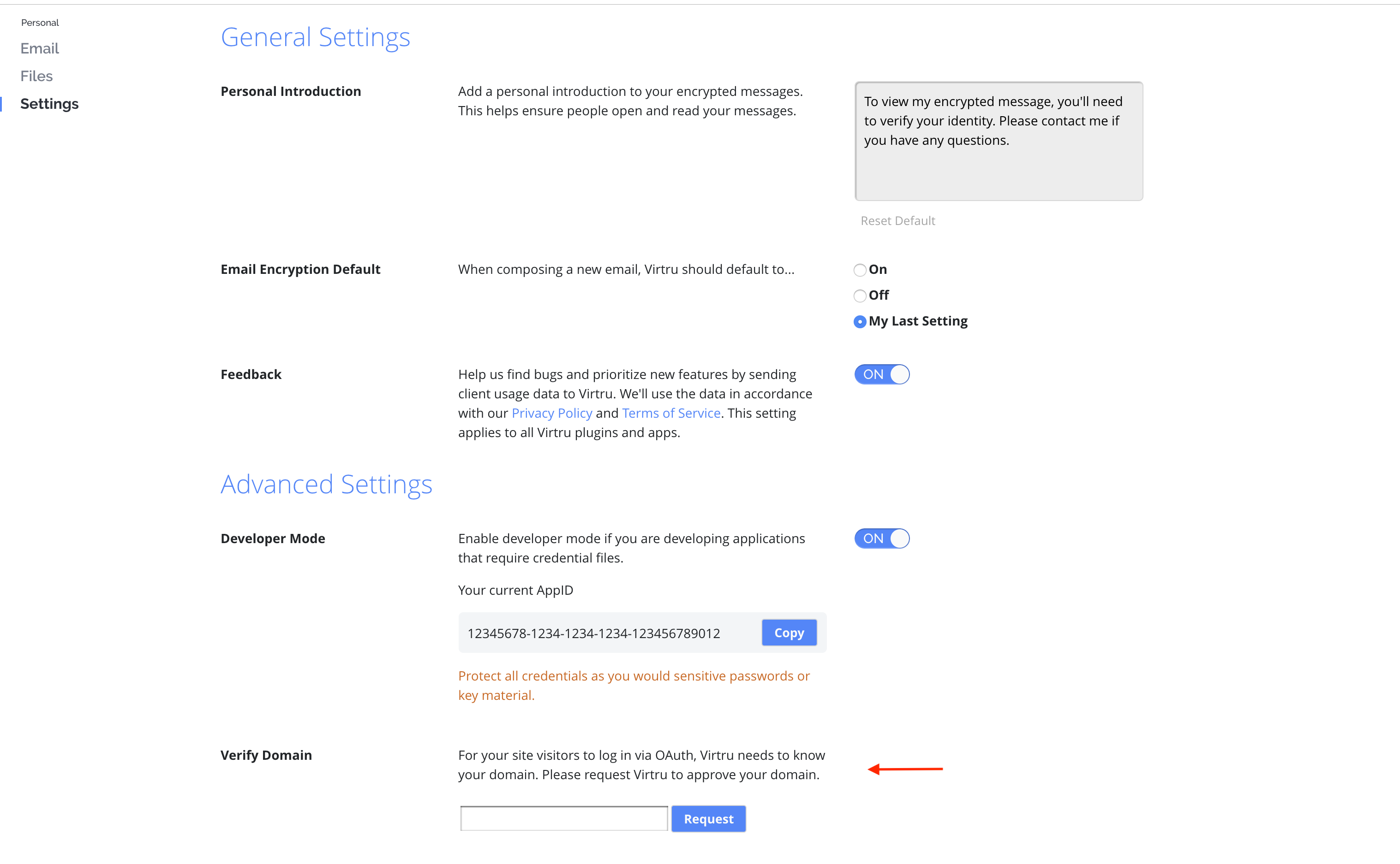 Screen shot of the Settings page within the Virtru Organization Administion Dashboard