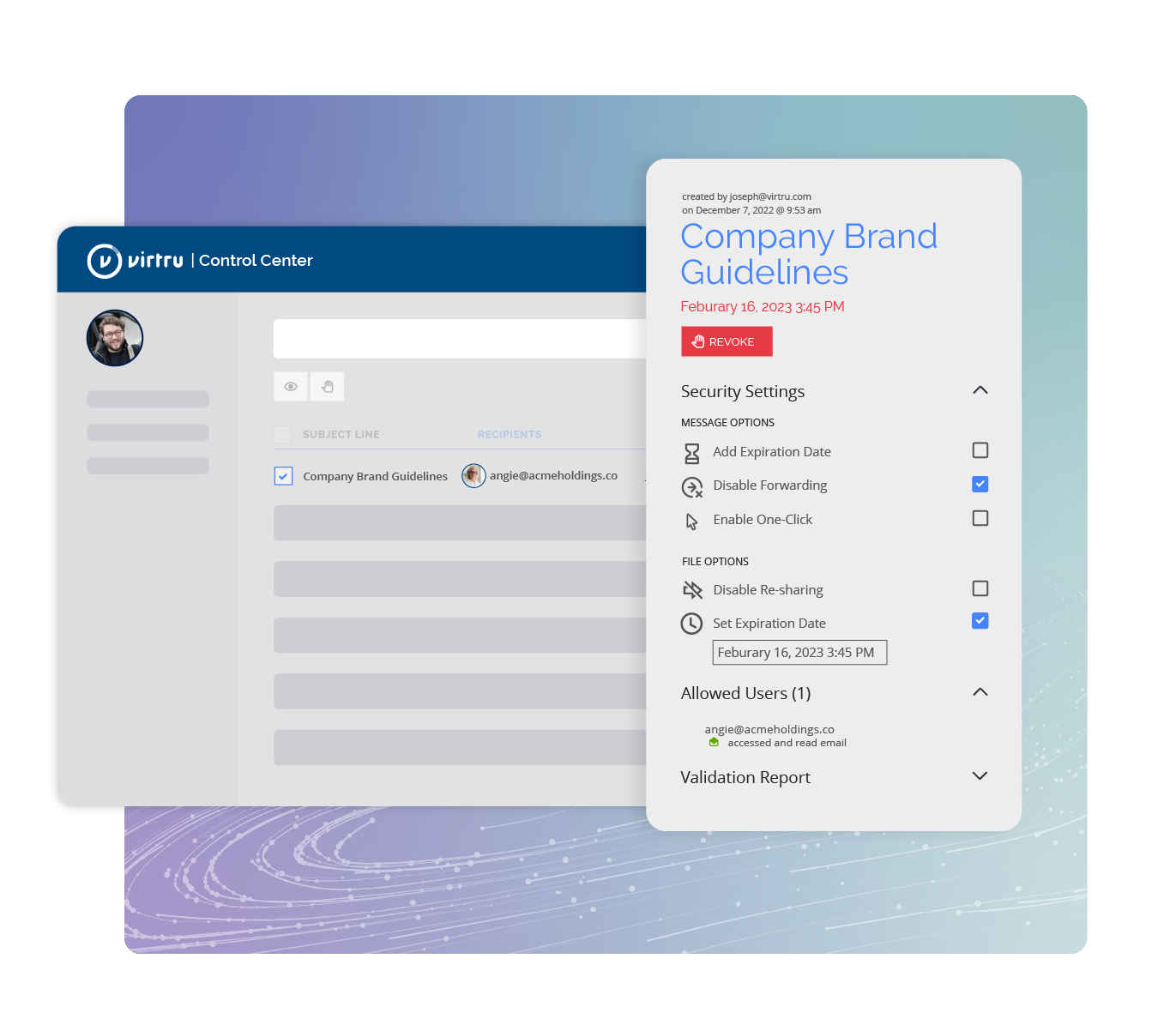 Virtru Control Center provides detailed analysis on information that