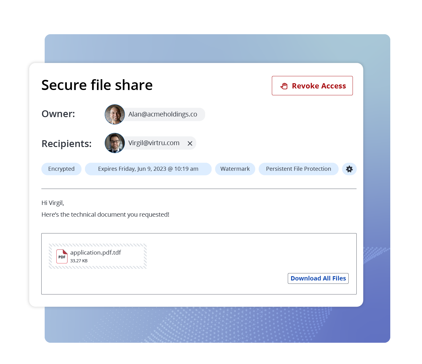 UI for Virtru Secure Share shows a simple interface for uploading and sending encrypted information.