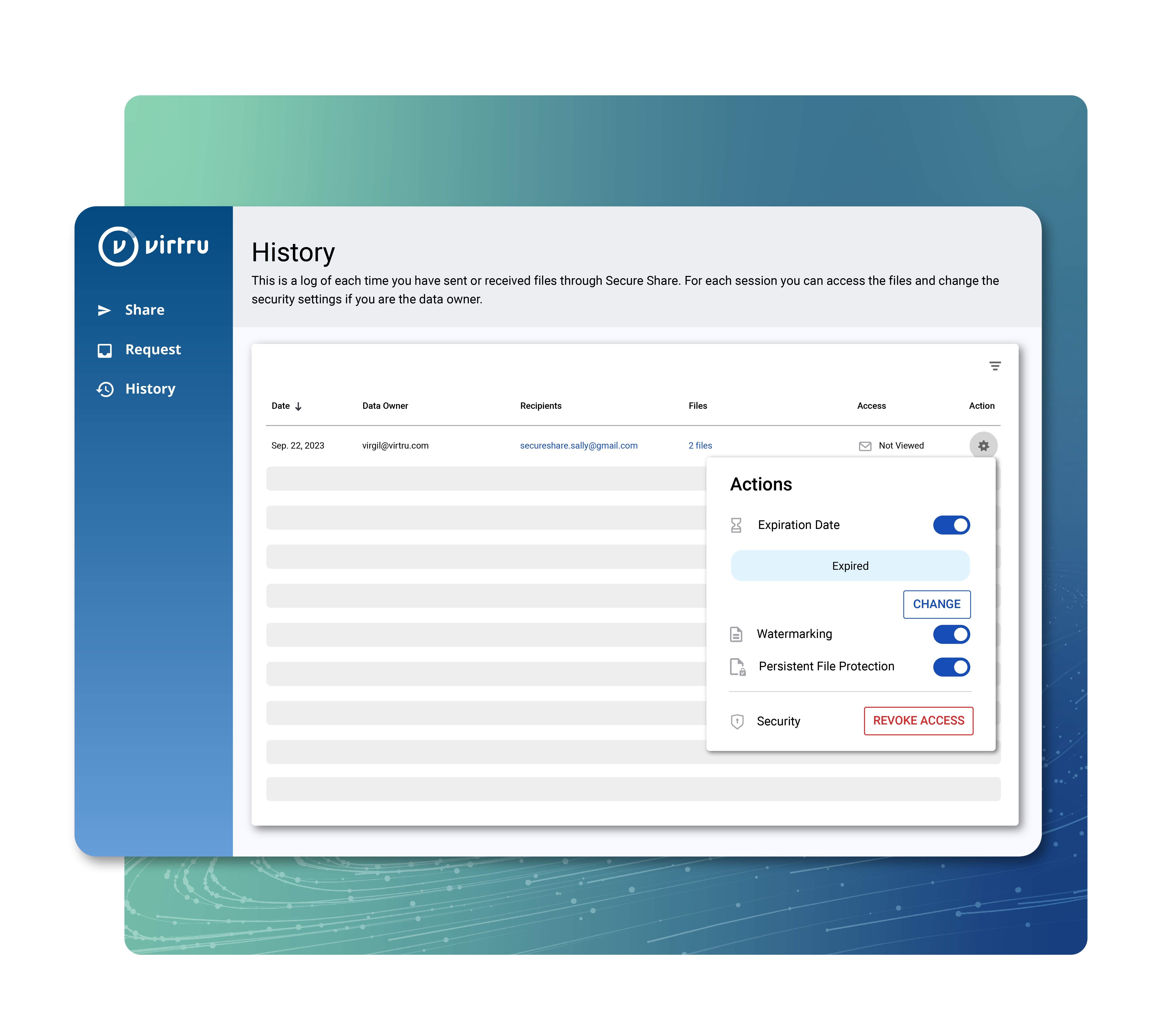 Virtru Secure Share data history