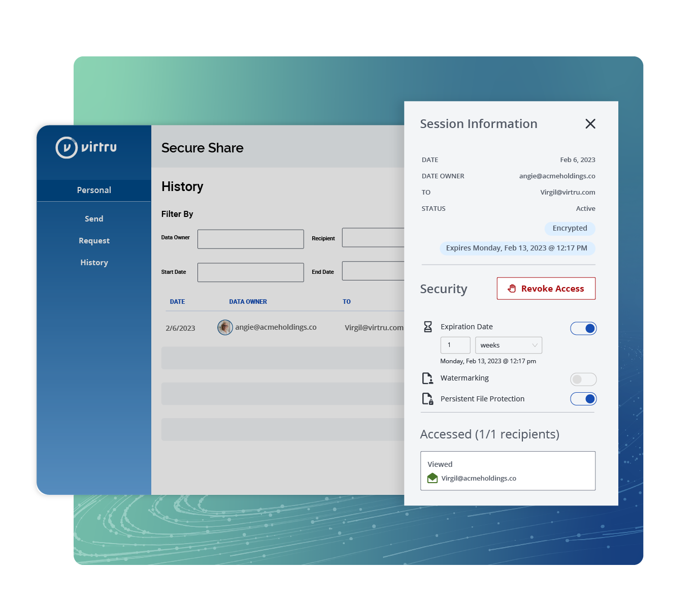 View of Virtru Secure Share file history and access control settings 