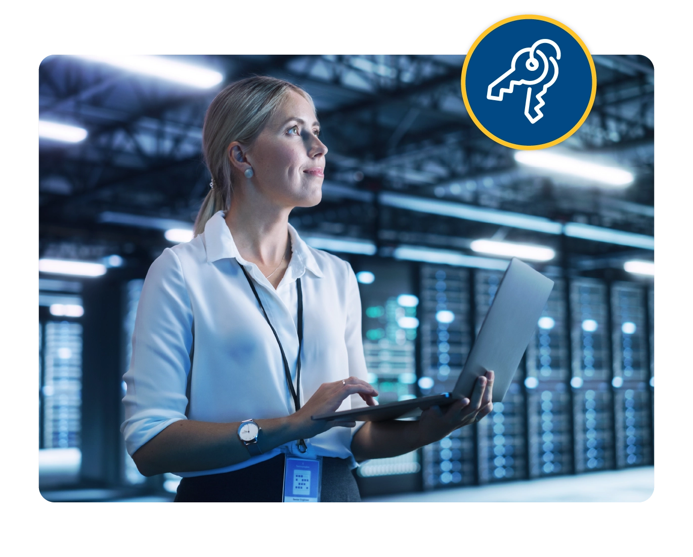 A woman stands in a data center with a tablet. An icon depicting a key appears on the right side.