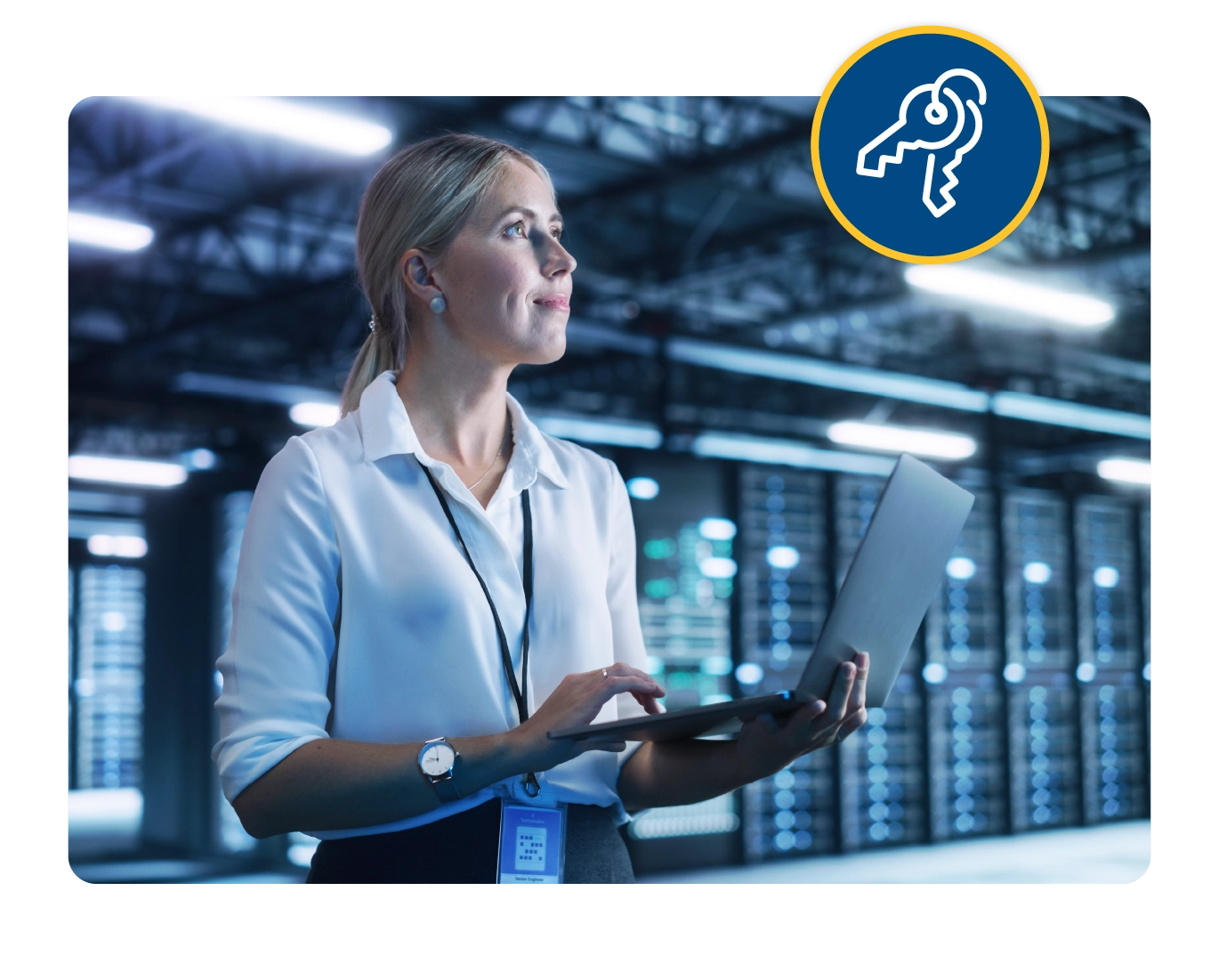 A woman stands in a data center with a tablet. An icon depicting keys appears on the right side. 