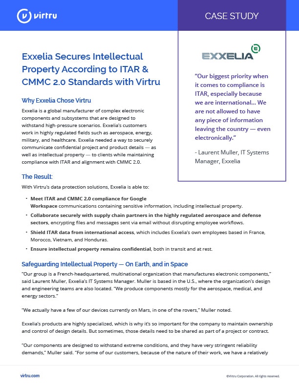Exxelia uses Virtru for ITAR and CMMC 2.0 Compliance