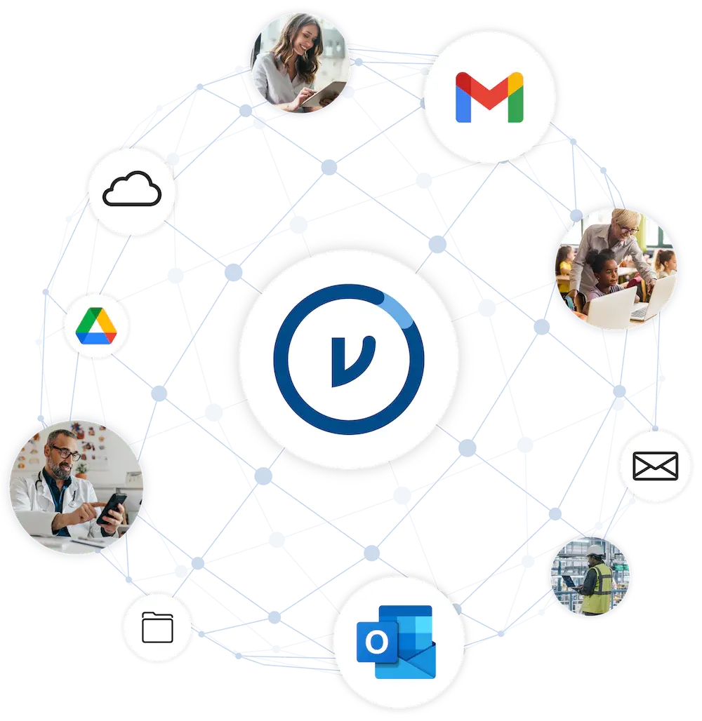 Virtru Data Security Platform - SaaS. The Virtru Logo, surrounded by application icons, including GMail, Drive, and Outlook.