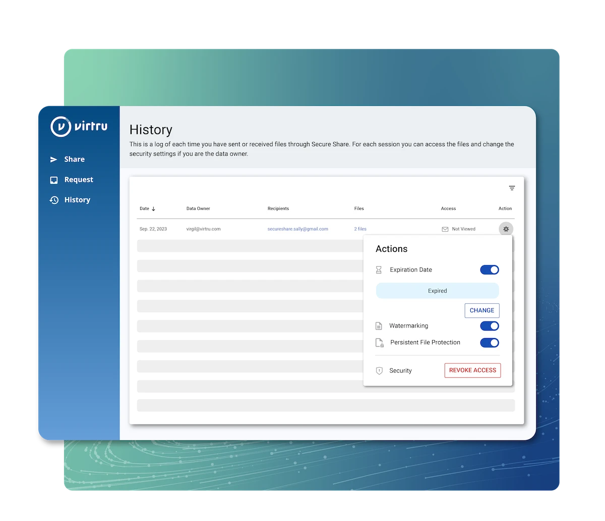 A screenshot of Virtru Secure Share in the Control Center, showing information about a specific shared file, when it was accessed, and options to change permissions