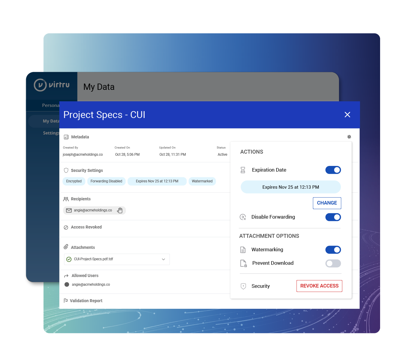 A view of CUI in the Virtru control Center, where you can revoke access, set expiration date, and watermark.