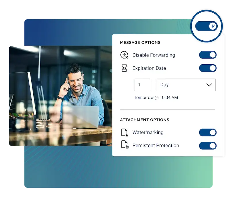 A man uses a laptop at work. The Virtru data centric controls like expiration date and watermark are shown. 