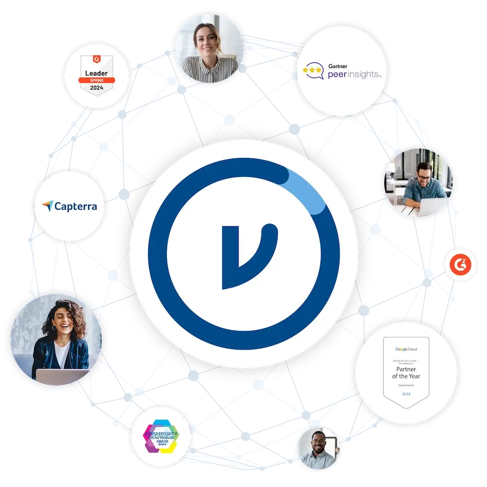 Virtru Logo surrounded by customer photos and review awards.