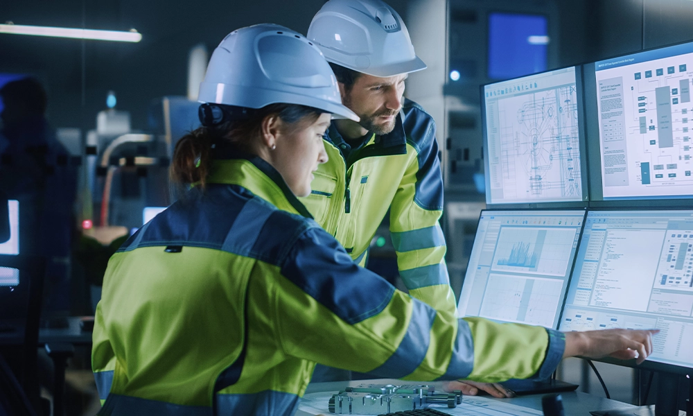 Two teammates work on a set of displays in a manufacturing plant