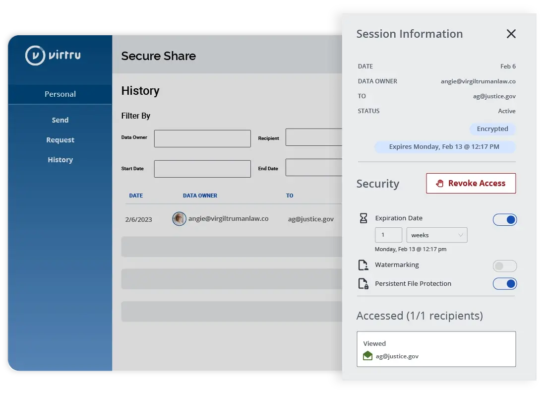 Secure Share shows a trail of data access and permissions for an individual piece of data
