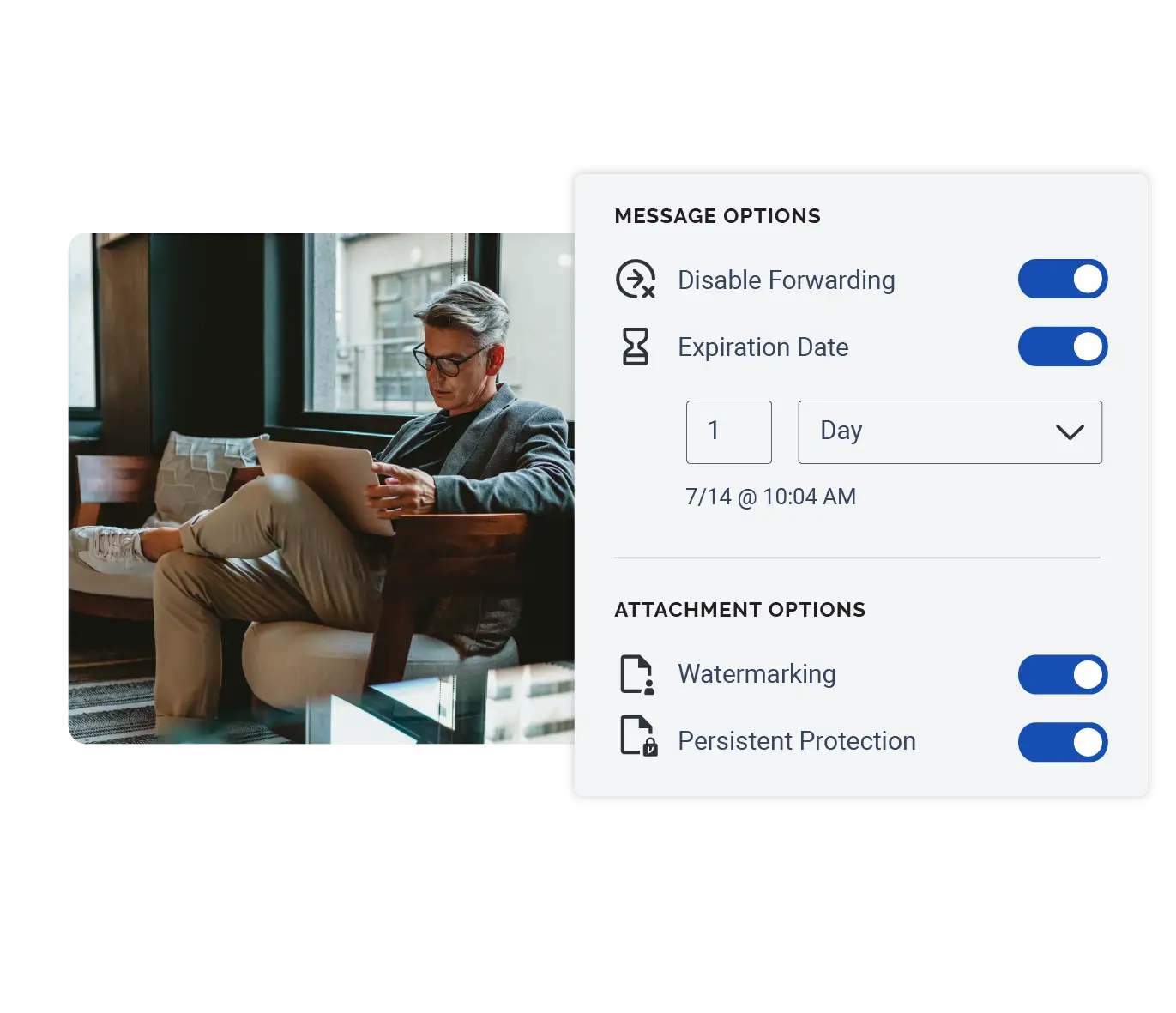 An executive wearing sneakers works on his laptop. A view of Virtru data encryption software with access controls appears on the right.