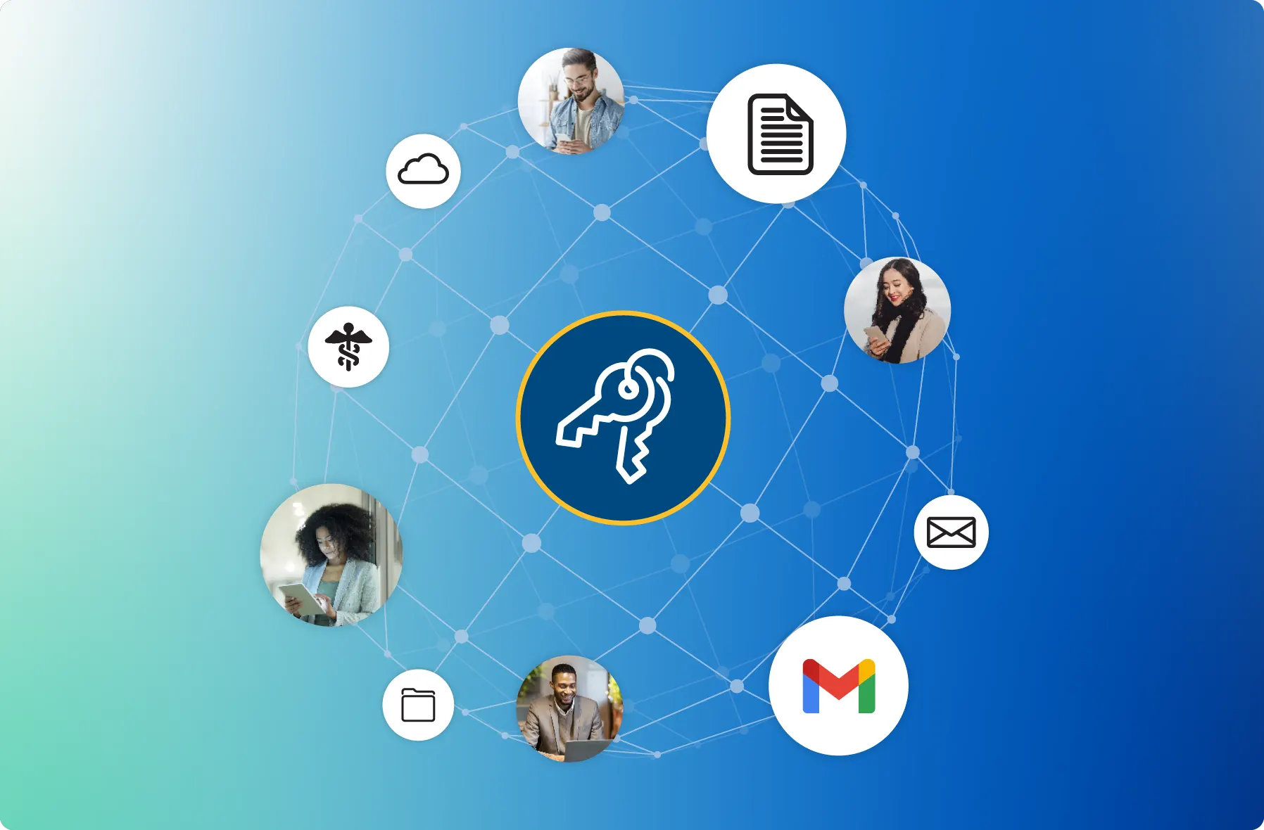 A web of icons illustrating Virtru key management for Gmail data