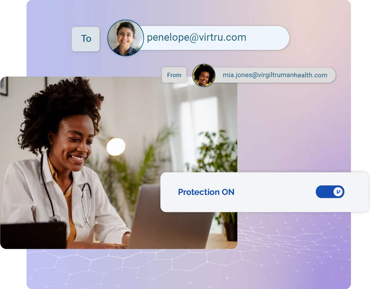 A doctor smiles while reviewing information on her laptop. Icons showing Virtru data protection appear on the side.