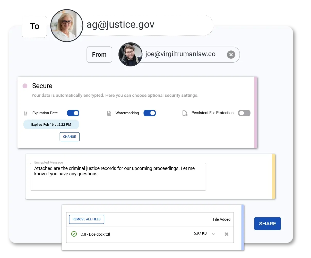 Virtru Secure Share is used for an exchange of legal information