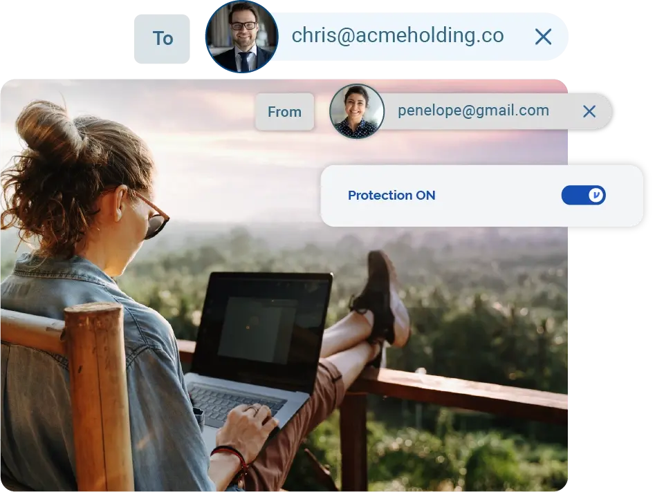 A woman uses her laptop on a balcony on vacation, with Virtru protecting her email